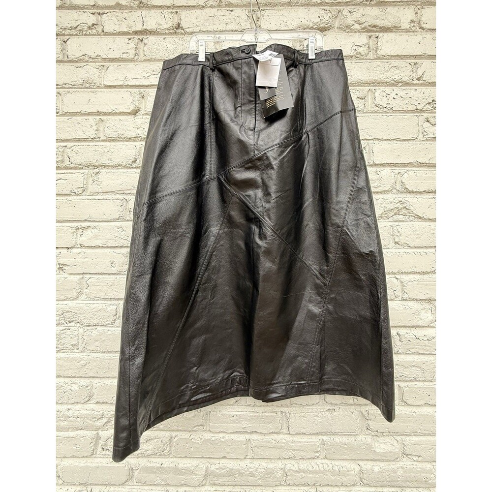 Black Maggie Barnes genuine leather midi skirt 26 W asymmetrical design NWT